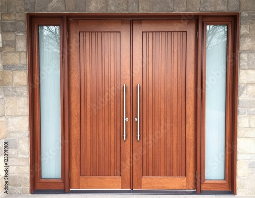 Elegant Wooden Double Door with Sidelights and Stone Facade Accentuation