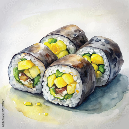 A beautifully detailed watercolor painting of Maki sushi rolls on a bamboo mat