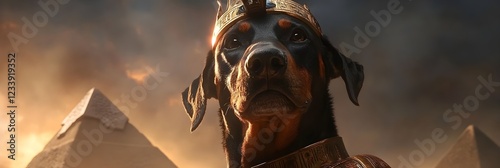Majestic Doberman Pinscher Dog Wearing a Golden Crown Pyramids Background