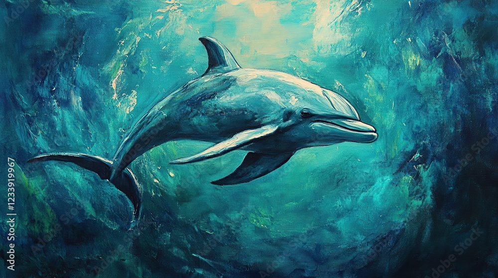 Obraz premium Dolphin ocean painting, underwater, turquoise, art, nature, wildlife, poster, decor