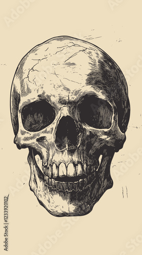 Vintage Human Skull Etching: Detailed Monochrome Cranium Anatomy Illustration Drawing
