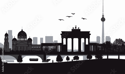 Minimalist Berlin Cityscape Silhouette in Flat Vector Design Featuring Iconic Landmarks