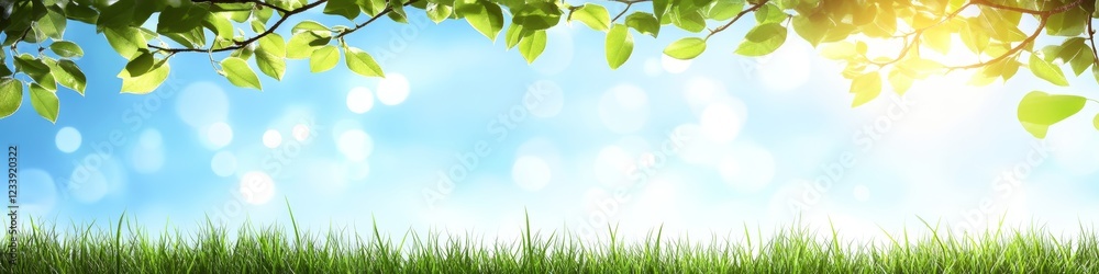 Fresh Green Grass and Lush Foliage Frame a Bright Blue Sky with Bokeh, Springtime Banner Fresh Green Grass and Lush Foliage Frame a Bright Blue Sky with Bokeh, Springtime Banner