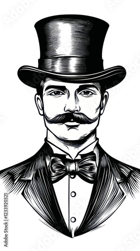Vintage Gentleman in Top Hat Minimalist Black and White Vector Illustration