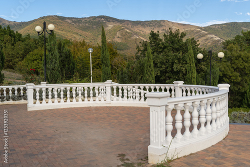 Observation deck in front of temple named after holy apostle Andrew First-Called. Fence of observation deck is made of snow-white concrete balusters. Gelendzhik, Russia - September 30, 2024. photo