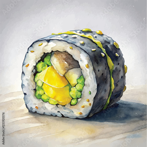 A beautifully detailed watercolor painting of Uramaki sushi rolls with nori wrapped inside