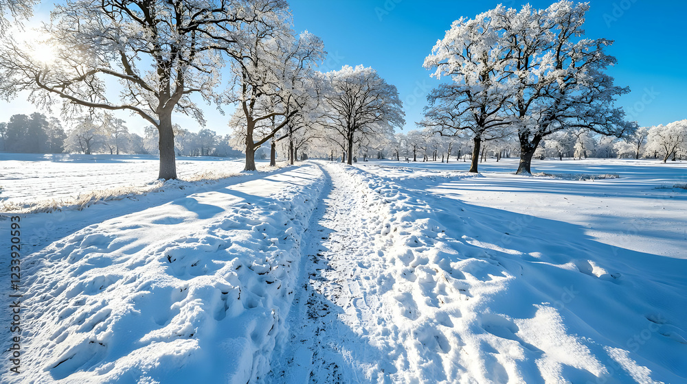 Snowy path through winter park, sunlight, trees Snowy path through winter park, sunlight, trees