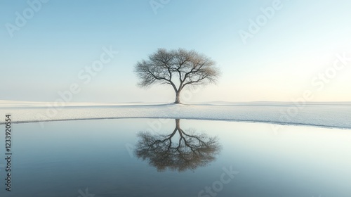 Lone tree reflected in winter lake, serene landscape, peaceful scene, nature photography photo