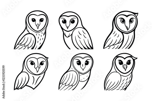 Barn Owl (Tyto alba) animal design, labeled line art vector art illustration.