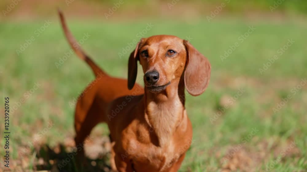 A red dachshund wags her tail joyfully while standing on green grass, captured in slow motion. The playful and endearing movement creates a heartwarming backyard scene. A red dachshund wags her tail joyfully while standing on green grass, captured in slow motion. The playful and endearing movement creates a heartwarming backyard scene.