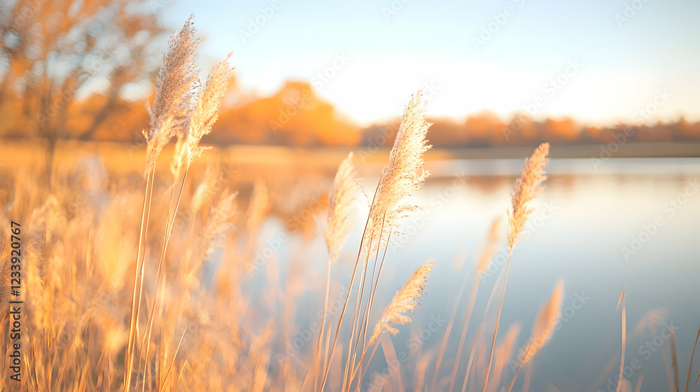 Golden reeds by autumn lake sunset; serene nature scene Golden reeds by autumn lake sunset; serene nature scene