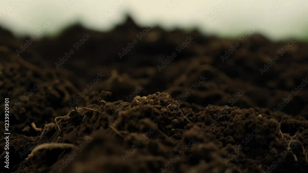 Zoom in video on a fertile garden soil, showing a crumbly texture with visible roots and decomposing organic matter in soft, diffused light Zoom in video on a fertile garden soil, showing a crumbly texture with visible roots and decomposing organic matter in soft, diffused light