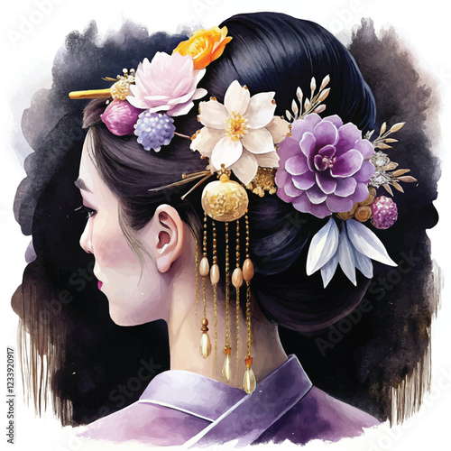 A vibrant watercolor depiction of an ornate flower hairpin with intricate craftsmanship