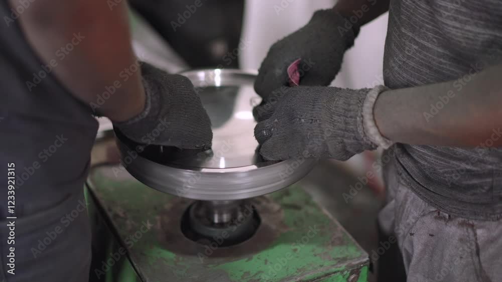 Using a belt sander to produce steel pan cookware in a factory Using a belt sander to produce steel pan cookware in a factory