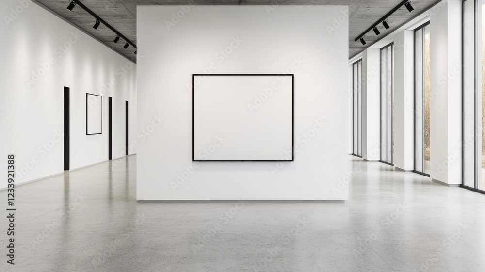 A minimalist art gallery featuring empty frames on white walls, emphasizing simplicity and open space.