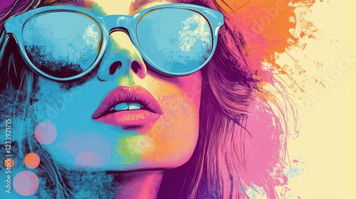 A vibrant modern pop art portrait of a stylish woman wearing light blue sunglasses, set against a colorful background. photo