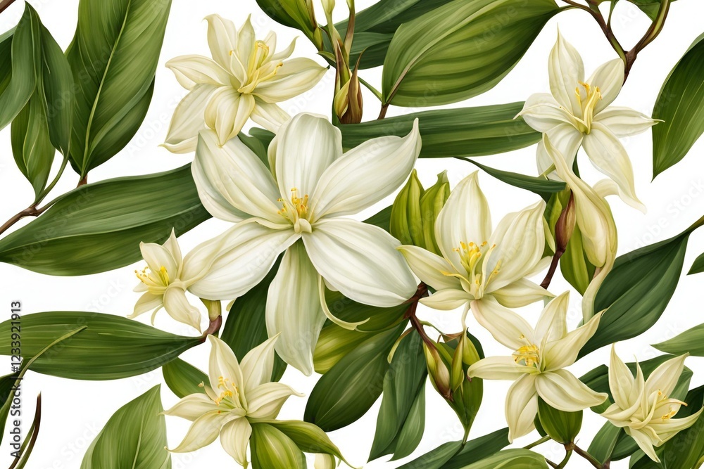 vanilla flower with pods and leaves isolated on transparent background vanilla flower with pods and leaves isolated on transparent background