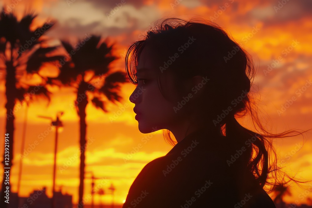 Silhouette of palm trees swaying gently in the breeze at golden hour, with a fiery sunset behind. Silhouette of palm trees swaying gently in the breeze at golden hour, with a fiery sunset behind.