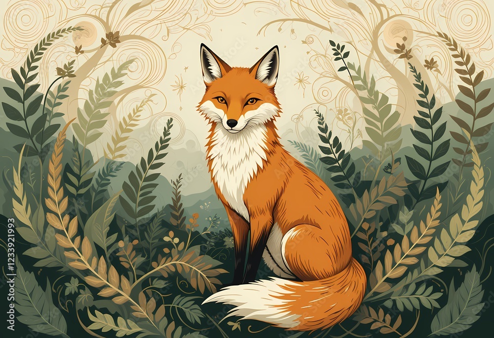 Fototapeta premium Red fox sitting amidst lush ferns and whimsical foliage.