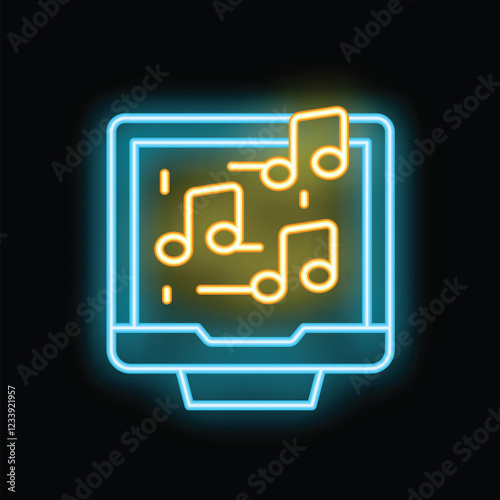 Neon icon representing a computer playing music, ideal for topics like online music streaming, digital entertainment, and modern technology