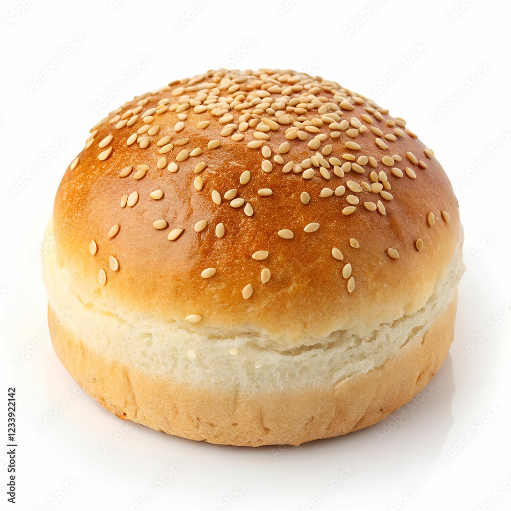Baked whole round bun with sesame seeds made from fresh dough Baked whole round bun with sesame seeds made from fresh dough