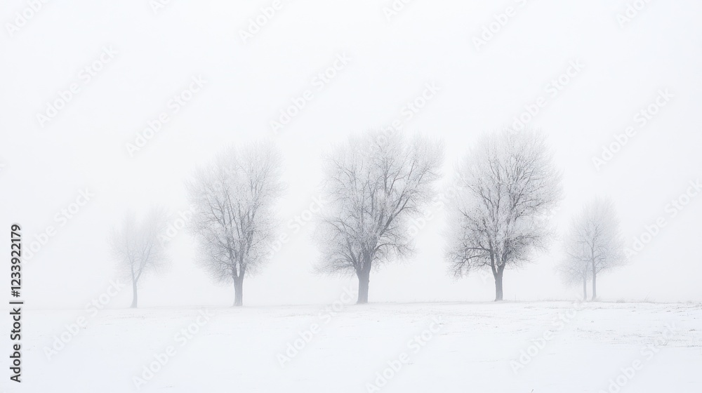 Obraz premium Frosty trees in foggy winter field, serene landscape