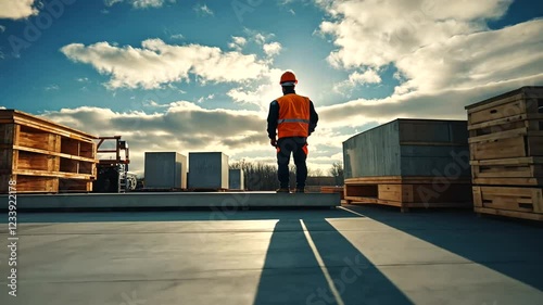 Construction worker overlooking precast concrete