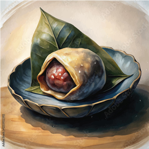 Artistic watercolor rendering of Kashiwa Mochi with a soft, chewy texture and smooth filling