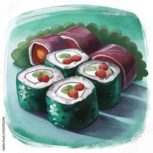 Artistic watercolor rendering of Maki sushi rolls filled with fresh fish and vegetables
