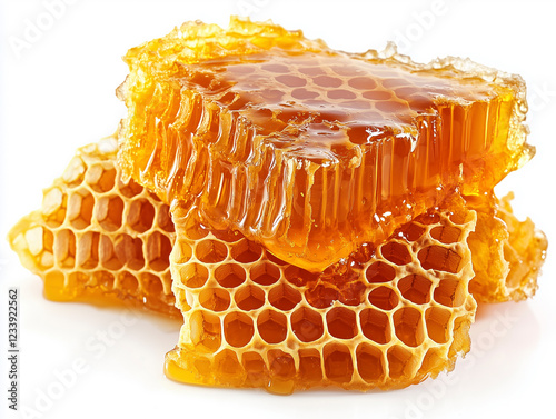 Crystal-clear shot of honeycomb oozing honey, isolated on a white backdrop, designed for marketing.