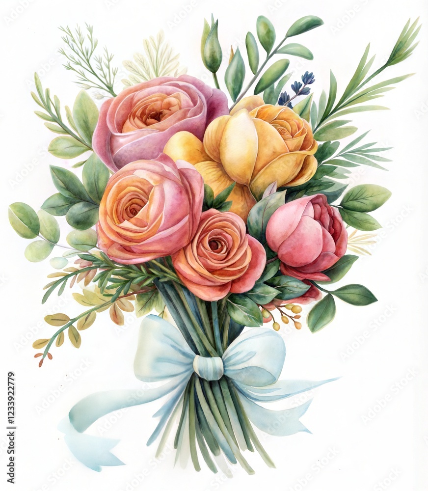 Fototapeta premium bouquet pink roses watercolor painting effect hand drawn white clean background