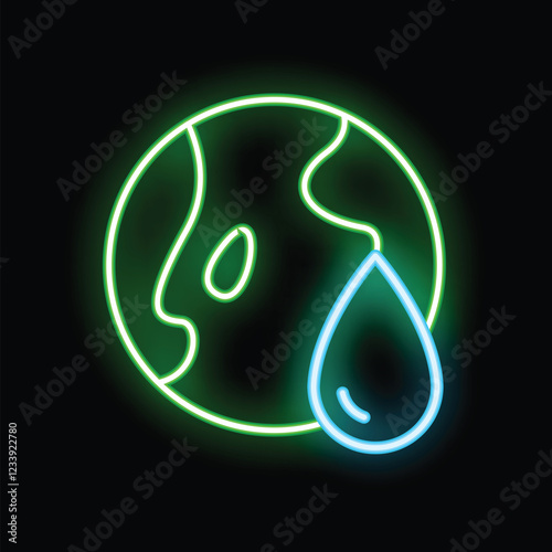 Neon sign of a sad earth with a single blue teardrop representing global warming