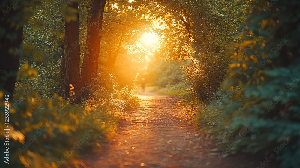 Obraz premium Golden Sunset Path Serene Woodland Trail at Dusk Sunlight Through Trees