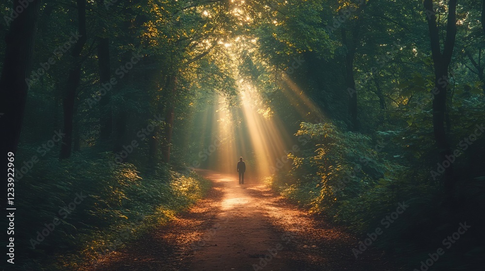 Solitary Figure Walking Forest Path Sunbeams Illuminating Mystical Woodland Trail Solitary Figure Walking Forest Path Sunbeams Illuminating Mystical Woodland Trail