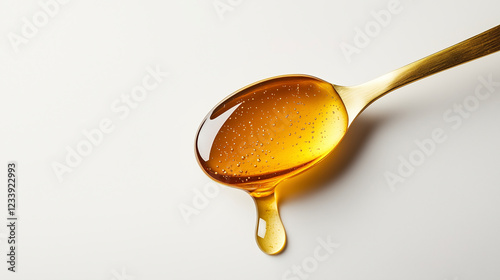 Luxury teaspoon photographed in white space with dripping high-gloss honey textures detailed sharply.