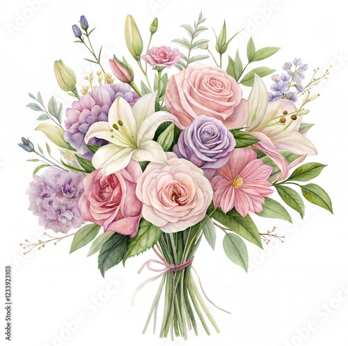 bouquet pink roses watercolor painting effect hand drawn white clean background