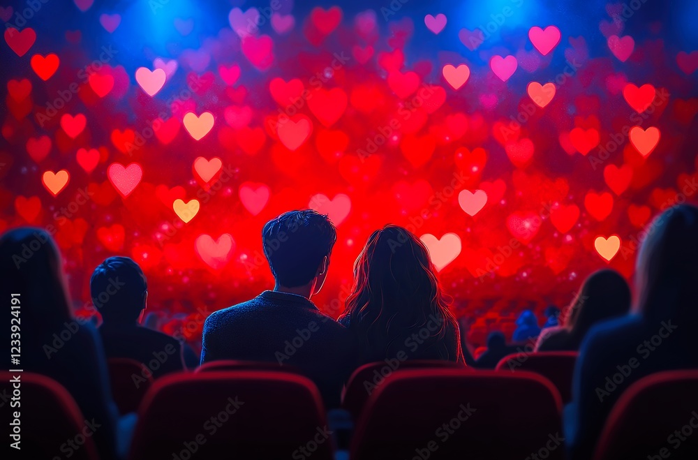 Couple watching theater show with hearts and lights Couple watching theater show with hearts and lights