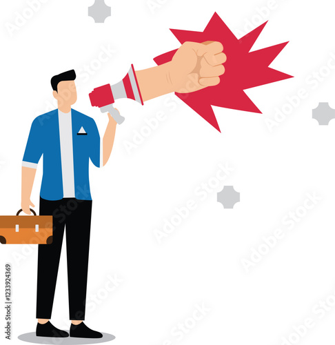 Authoritative, violent and threatening, rude messages and announcements, power-filled fists sticking out of megaphones