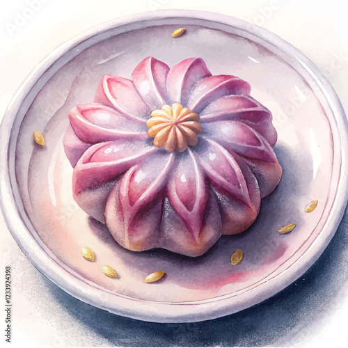 Watercolor illustration of delicate Nerikiri sweets shaped like flowers