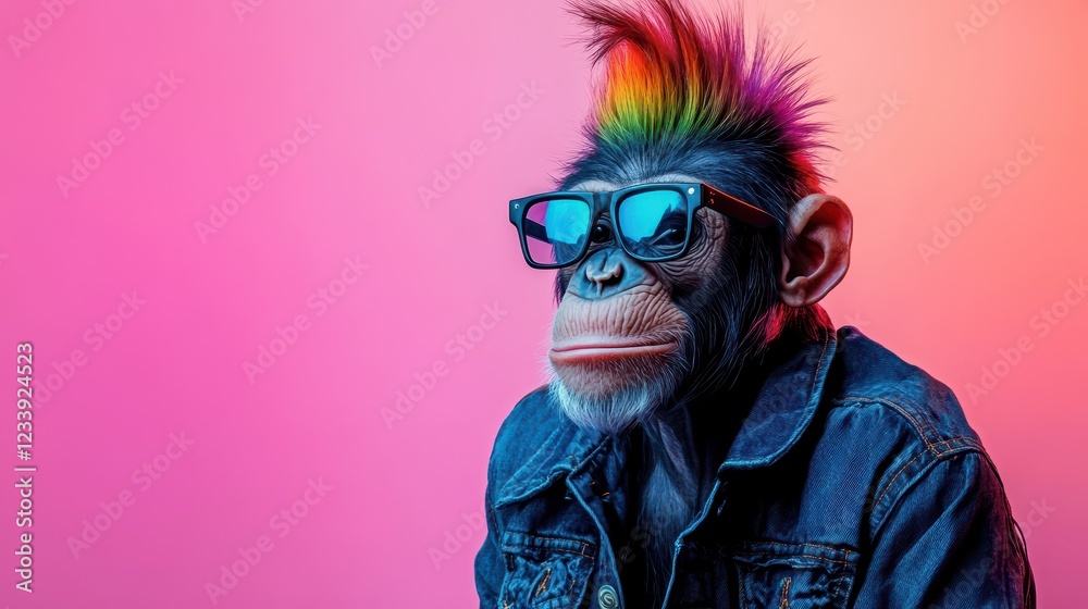 A vibrant portrait of a monkey chimpanzee sporting a rainbow mohawk and funky glasses, dressed in a denim jacket, set against a minimal pink gradient background. A vibrant portrait of a monkey chimpanzee sporting a rainbow mohawk and funky glasses, dressed in a denim jacket, set against a minimal pink gradient background.