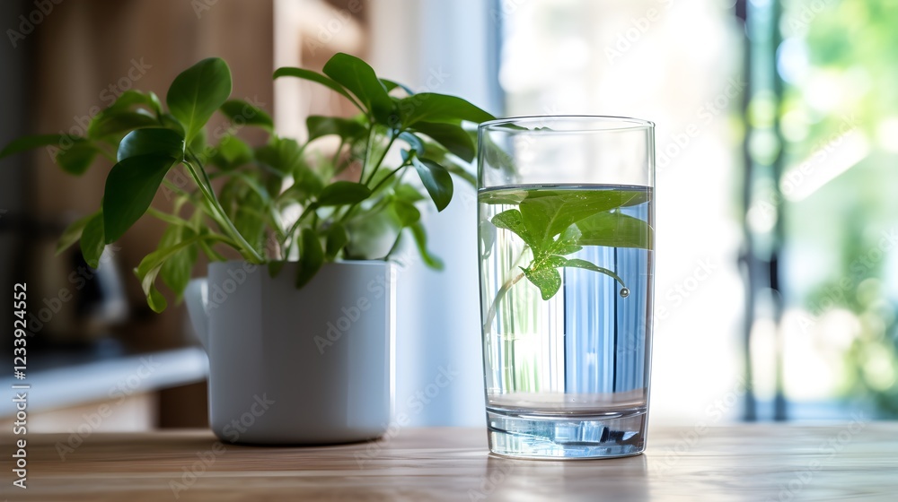 Refreshing Glass of Water with Plant Leaf on Wooden Table Indoor Setting Refreshing Glass of Water with Plant Leaf on Wooden Table Indoor Setting