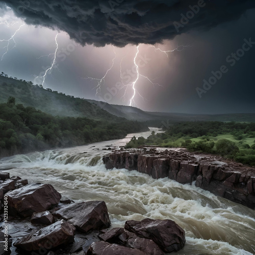 a stream between rocks with tunder cloud above in sky photo