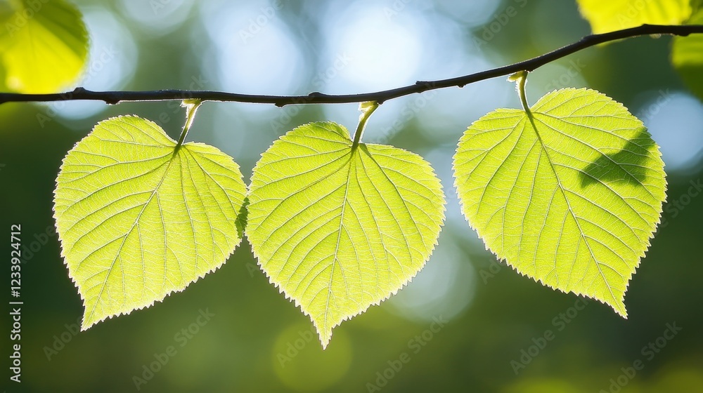 Three Vivid Green Leaves Overlapping on a Branch, Natural Sunlight, High Contrast, Green Background Three Vivid Green Leaves Overlapping on a Branch, Natural Sunlight, High Contrast, Green Background