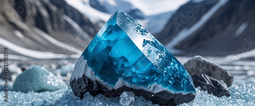 Icy blue pegmatite stone in glacial valley with close up background photo