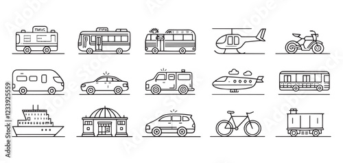 Vehicle Line Editable Icons Set – Modern Thin Line Transport Illustrations