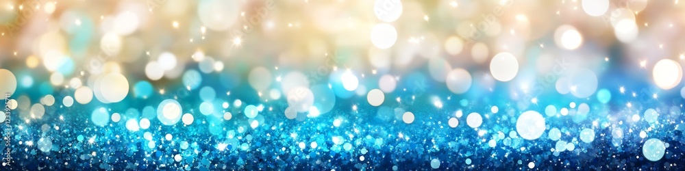 Obraz premium Dreamy Blue and Gold Bokeh Background, Sparkling Glitter Texture, Abstract Festive Lights
