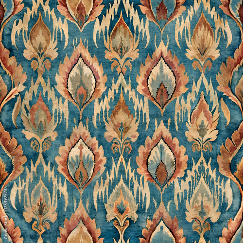 Intricate floral damask pattern in teal and rust.