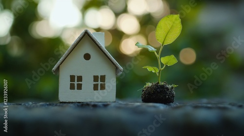 Miniature house with growing plant in natural light. Suitable for sustainable living and growth concepts.