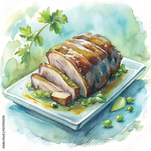 Watercolor painting of Cantonese-style char siu BBQ pork on a plate