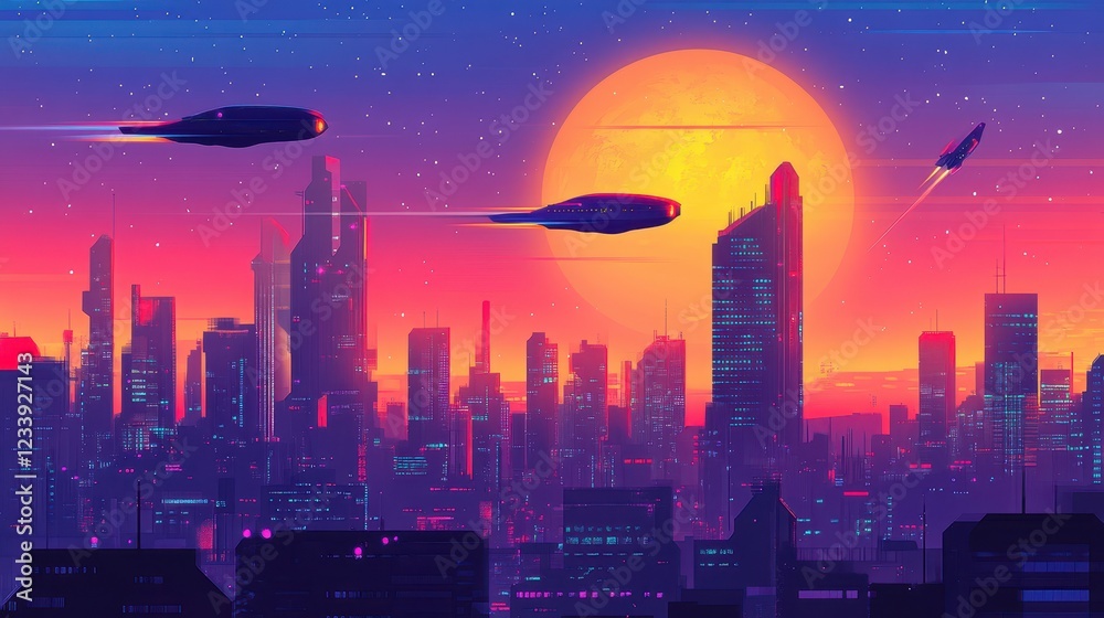 Naklejka premium A vibrant retro-futuristic cityscape with sleek spacecrafts soaring through the sky and a large moon looming in the sunset.